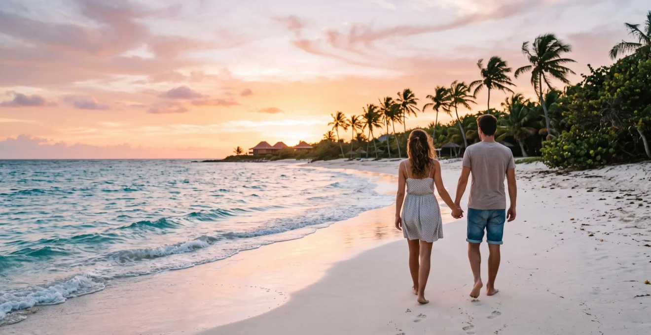 Couple marchant main dans la main sur plage de sable blanc en Guadeloupe au coucher de soleil, palmiers et eau turquoise en arrière-plan