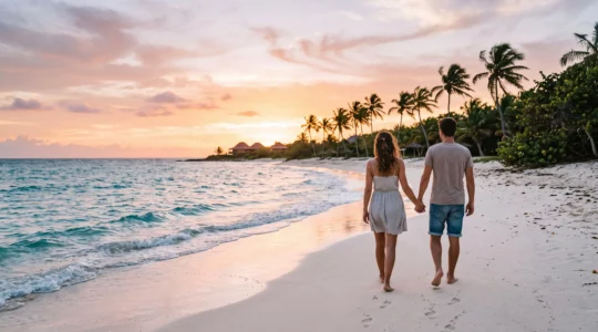 Couple marchant main dans la main sur plage de sable blanc en Guadeloupe au coucher de soleil, palmiers et eau turquoise en arrière-plan