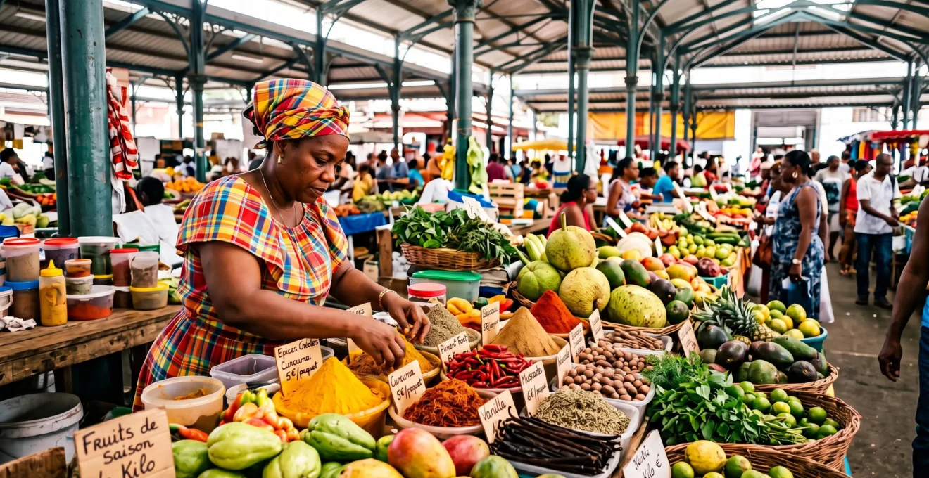 Étals colorés du marché créole de Pointe-à-Pitre avec épices en cônes, fruits tropicaux et vendeuse locale en vêtements traditionnels
