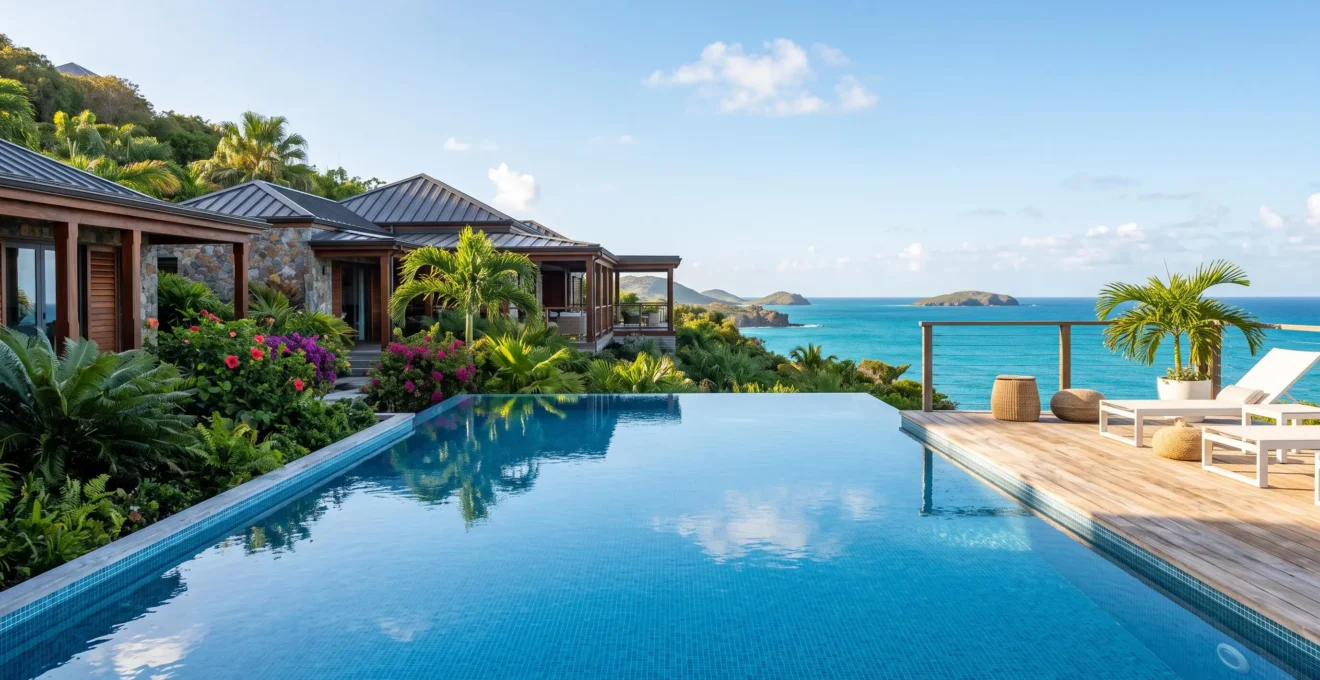Villa de luxe en Guadeloupe avec piscine à débordement donnant sur la mer des Caraïbes, architecture créole contemporaine et végétation tropicale